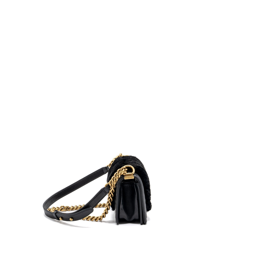 CHANEL SMALL BOY BAG RABBIT HAIR LIMITED EDITION LAMBSKIN BLACK GHW