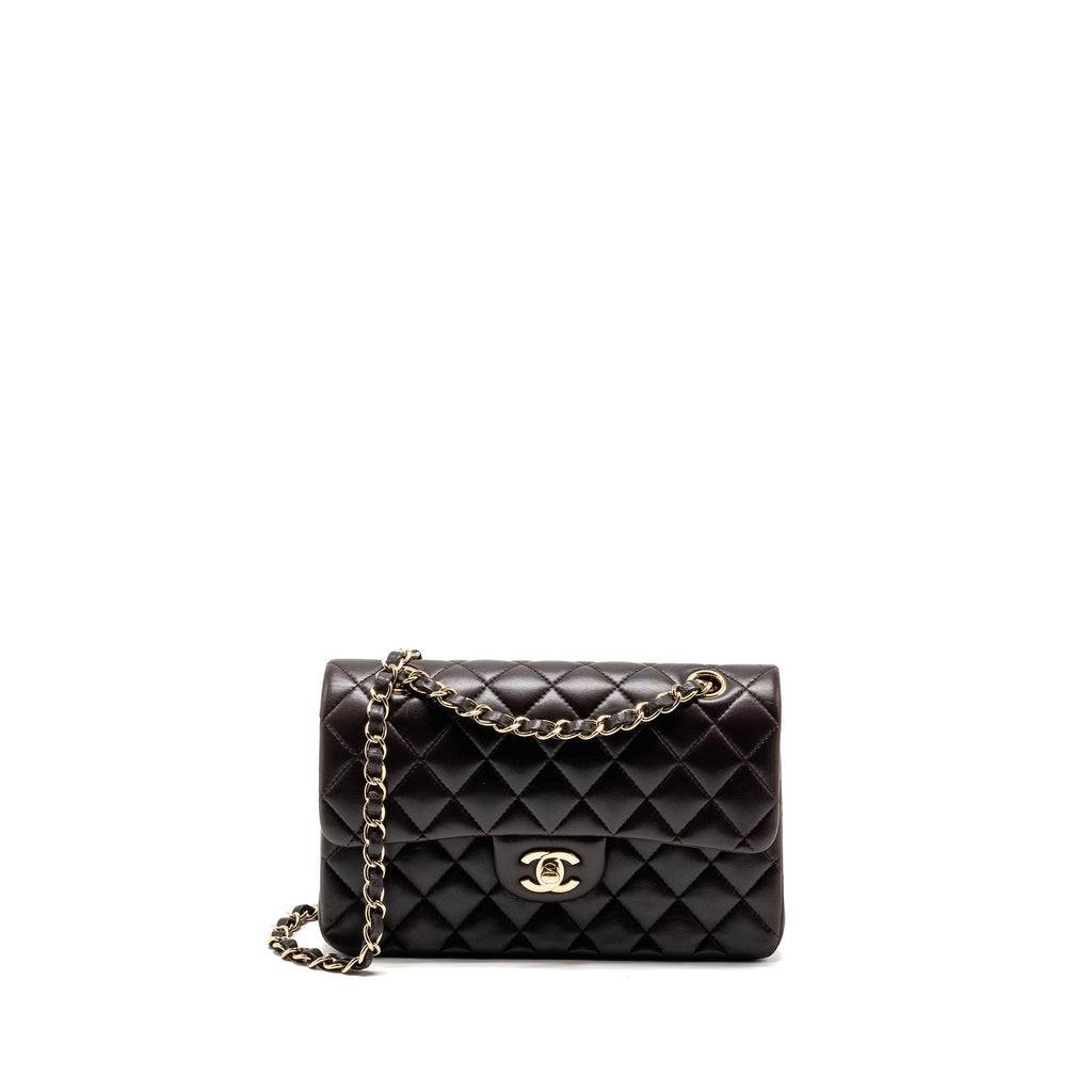 CHANEL SMALL CLASSIC DOUBLE FLAP BAG LAMBSKIN DARK BROWN LGHW (MICROCHIP)