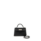 Hermes Mini Kelly II special order Chevre Mysore black / gris perle white stitching SHW