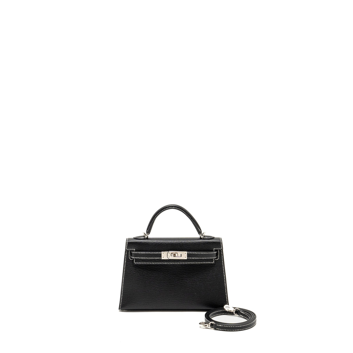 Hermes Mini Kelly II special order Chevre Mysore black / gris perle white stitching SHW
