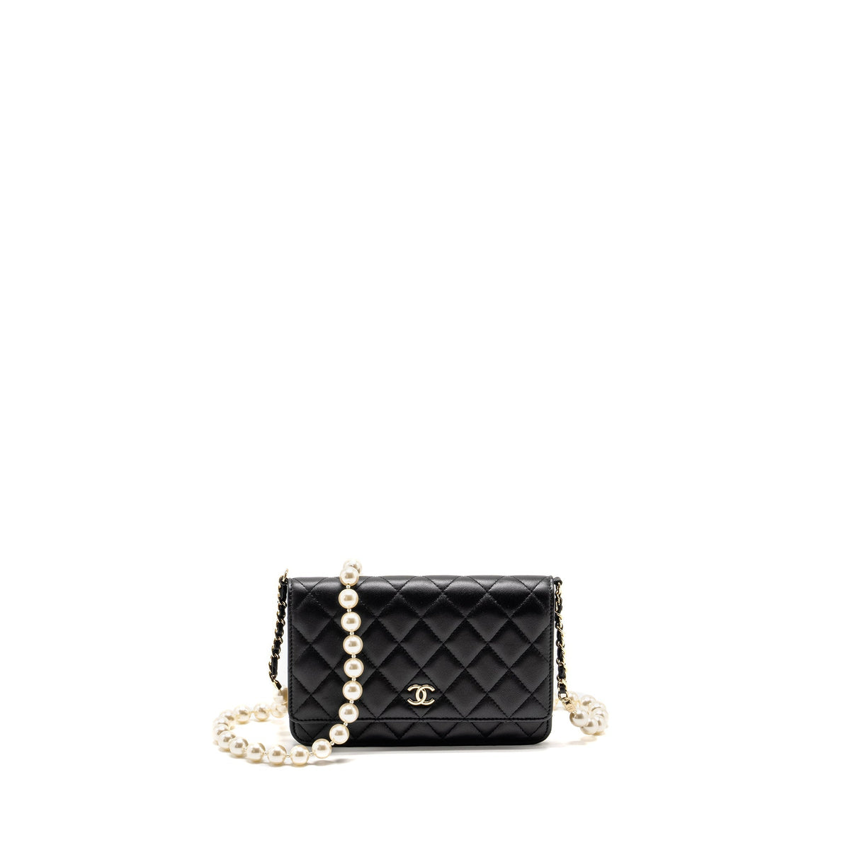 CHANEL WALLET ON CHAIN WITH PEARL CHAIN LAMBSKIN BLACK LGHW (MICROCHIP)