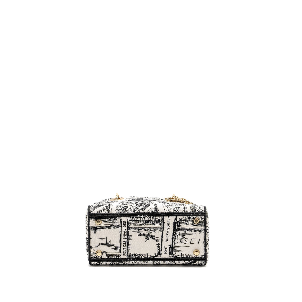 DIOR MEDIUM LADY D-LITE BAG PLAN DE PARIS EMBROIDERY CANVAS BLACK/WHITE LGHW