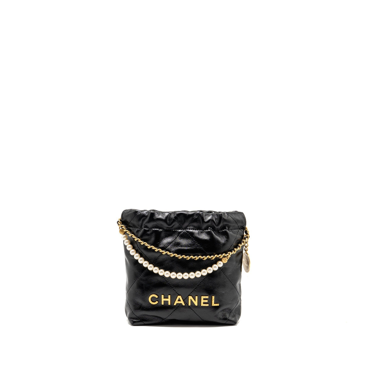 Chanel 23S Mini 22 Bag with Pear Chain Shiny Calfskin Black Brushed GHW (Microchip)