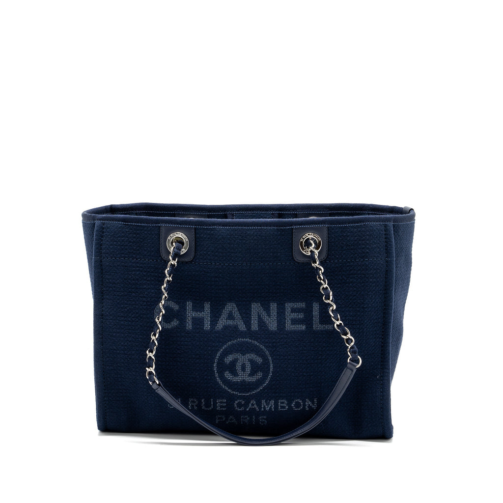 CHANEL DEAUVILLE TOTE BAG CANVAS NAVY SHW (MICROCHIP)