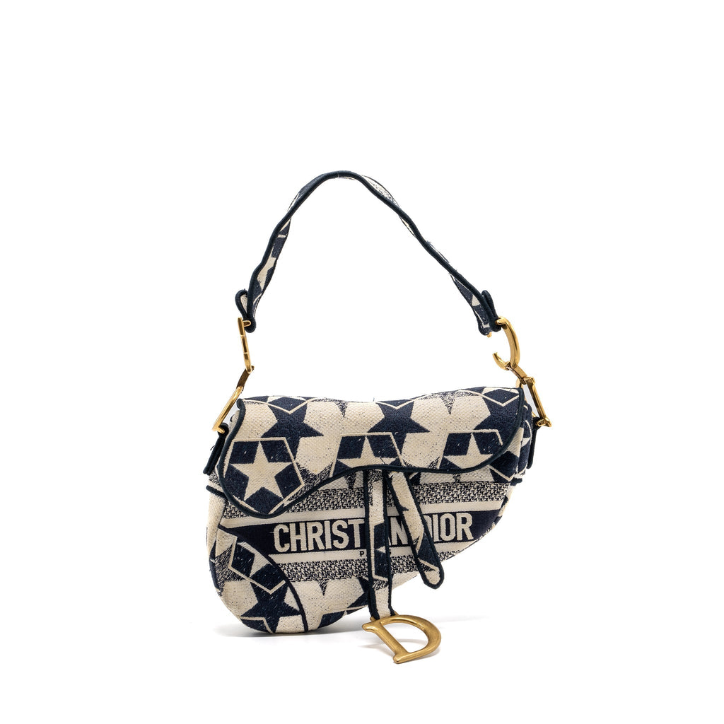 DIOR SADDLE BAG CANVAS LIMITED PRINT DARK BLUE / WHITE GHW