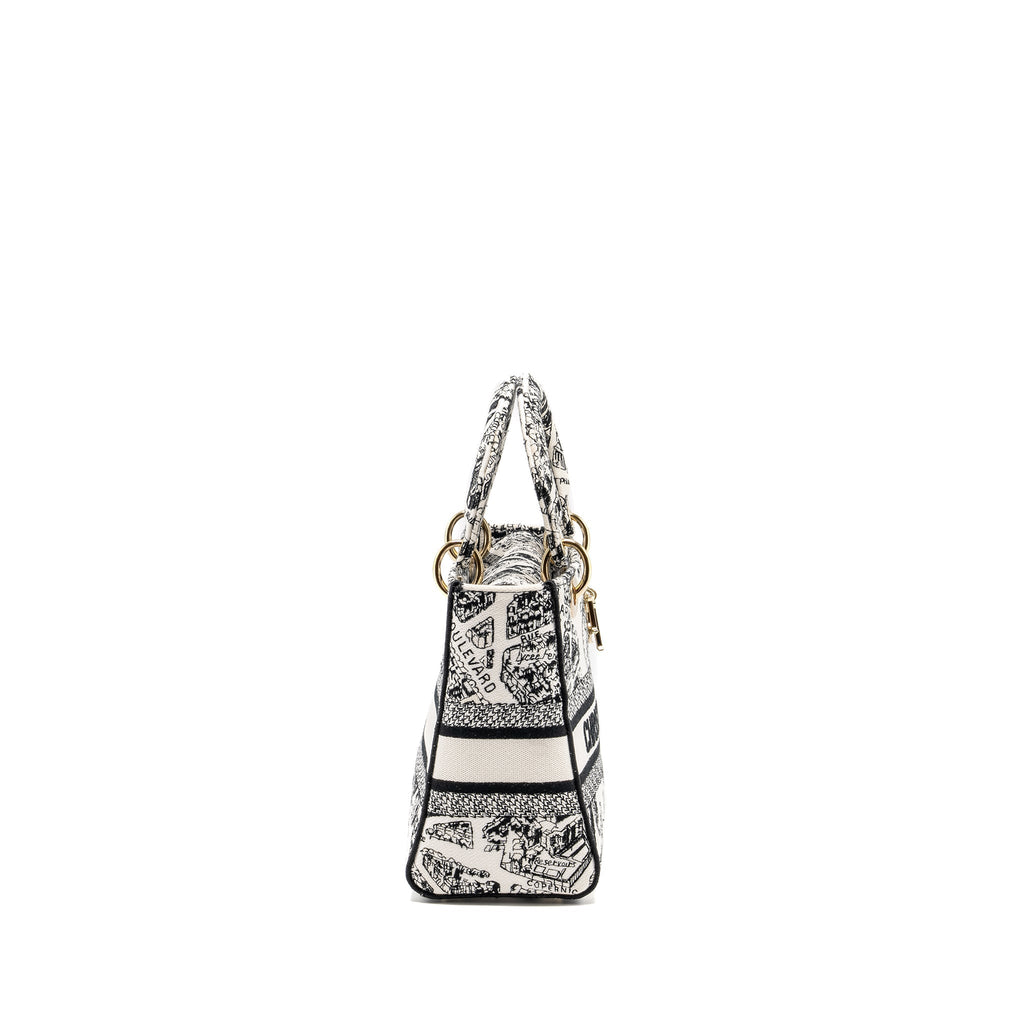 DIOR MEDIUM LADY D-LITE BAG PLAN DE PARIS EMBROIDERY CANVAS BLACK/WHITE LGHW