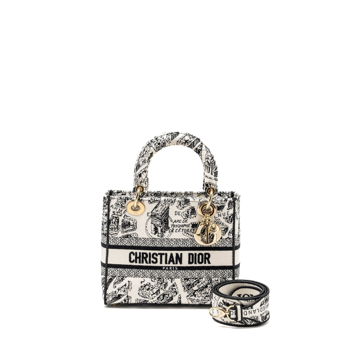 DIOR MEDIUM LADY D-LITE BAG PLAN DE PARIS EMBROIDERY CANVAS BLACK/WHITE LGHW