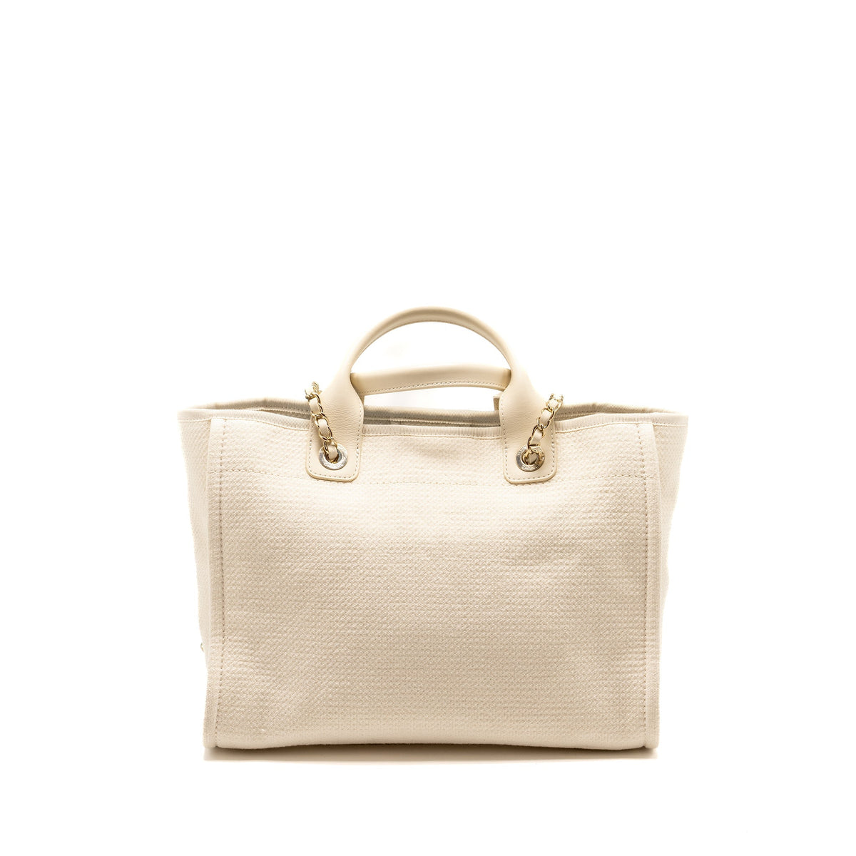 CHANEL SMALL DEAUVILLE SHOPPING TOTE BAG CALFSKIN/FABRIC LIGHT BEIGE LGHW (MICROCHIP)