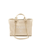 CHANEL SMALL DEAUVILLE SHOPPING TOTE BAG CALFSKIN/FABRIC LIGHT BEIGE LGHW (MICROCHIP)