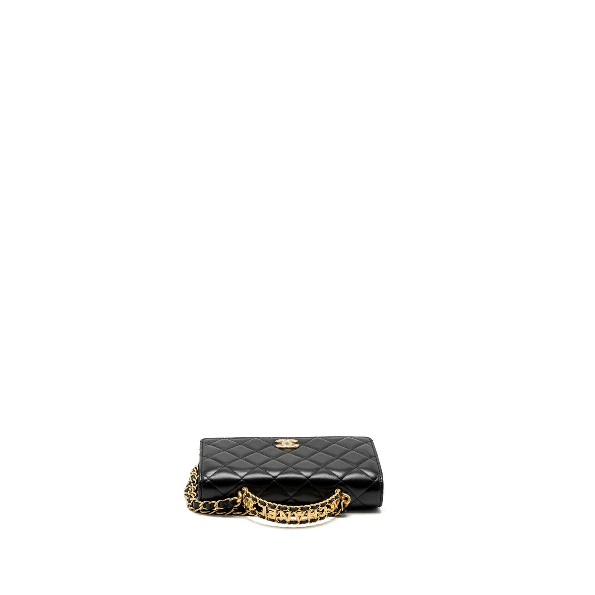CHANEL DETAIL TOP HANDLE WALLET ON CHAIN LAMBSKIN BLACK BRUSHED GHW (MICROCHIP)