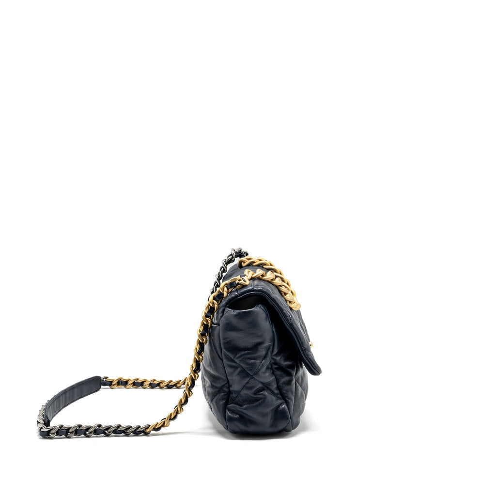 CHANEL LARGE 19 BAG 30CM LAMBSKIN NAVY MULTICOLOUR HARDWARE