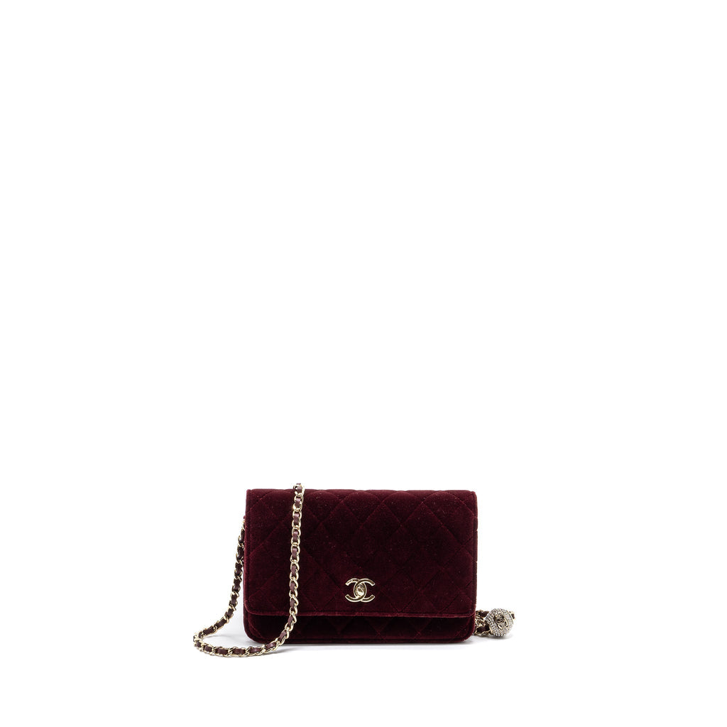 CHANEL CRYSTAL PEARL CRUSH WALLET ON CHAIN VELVET BURGUNDY LGHW