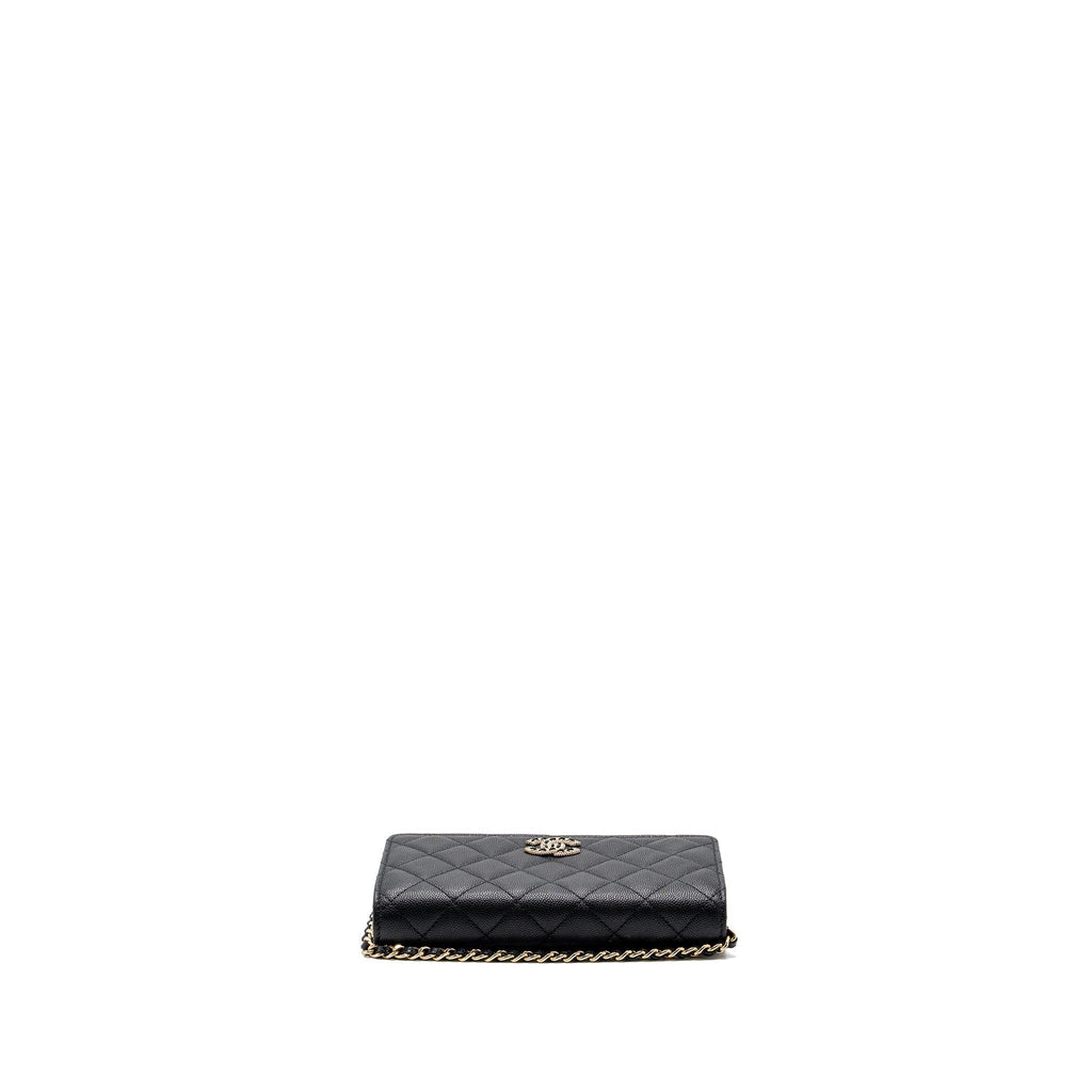 CHANEL DETAILED LOGO WALLET ON CHAIN BLACK CAVIAR LGHW (MICROCHIP)