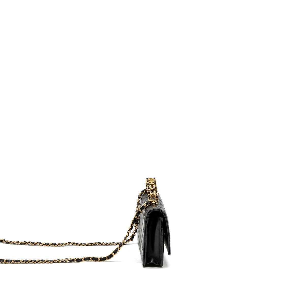 CHANEL DETAIL TOP HANDLE WALLET ON CHAIN LAMBSKIN BLACK BRUSHED GHW (MICROCHIP)