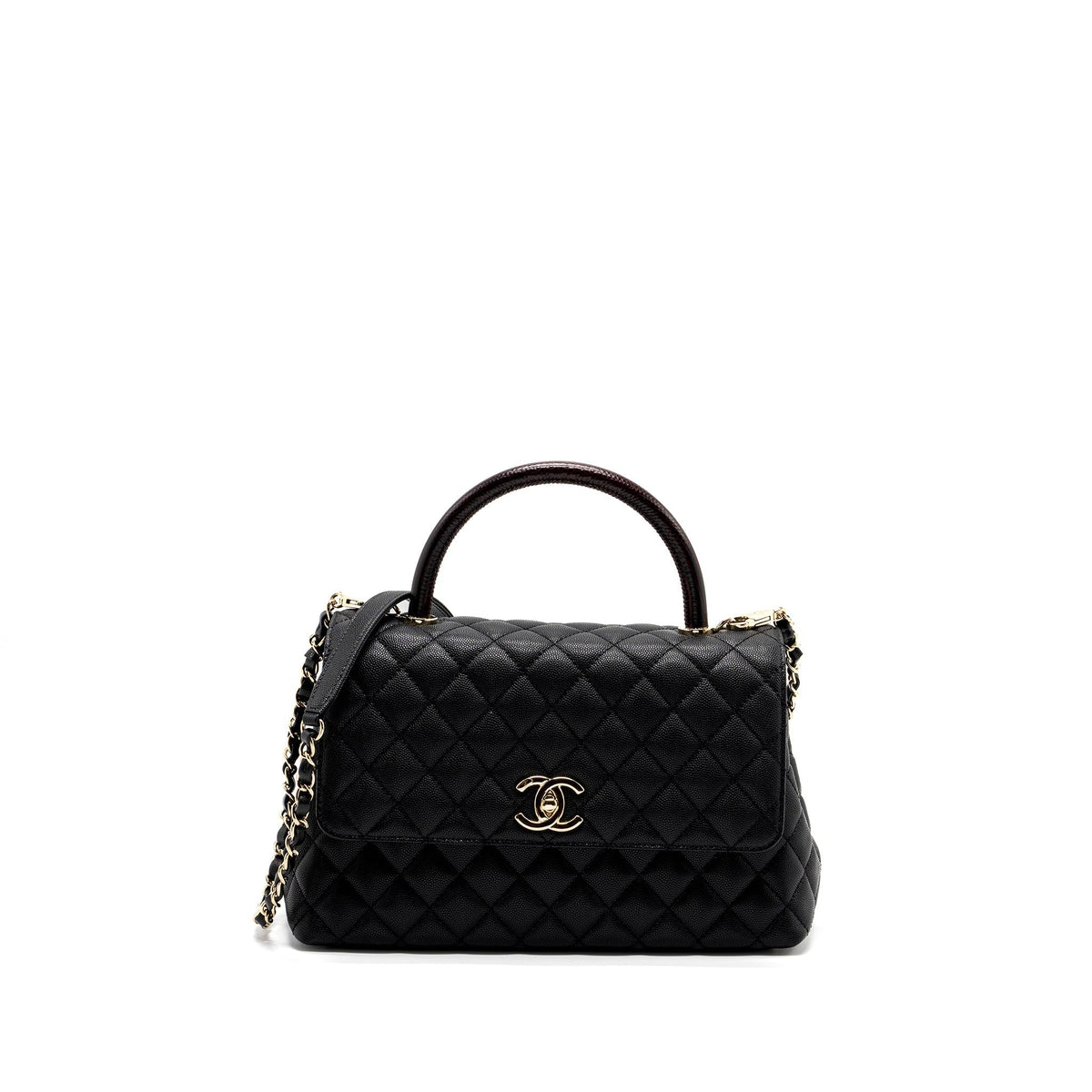 CHANEL MEDIUM COCO HANDLE LIZARD EMBOSSED HANDLE CAVIAR BLACK LGHW (MICROCHIP)