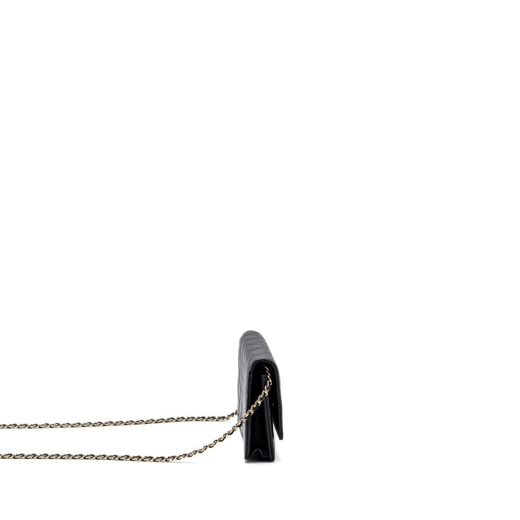 CHANEL DETAILED LOGO WALLET ON CHAIN BLACK CAVIAR LGHW (MICROCHIP)