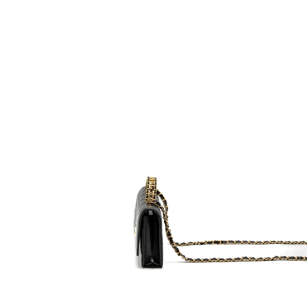 CHANEL DETAIL TOP HANDLE WALLET ON CHAIN LAMBSKIN BLACK BRUSHED GHW (MICROCHIP)