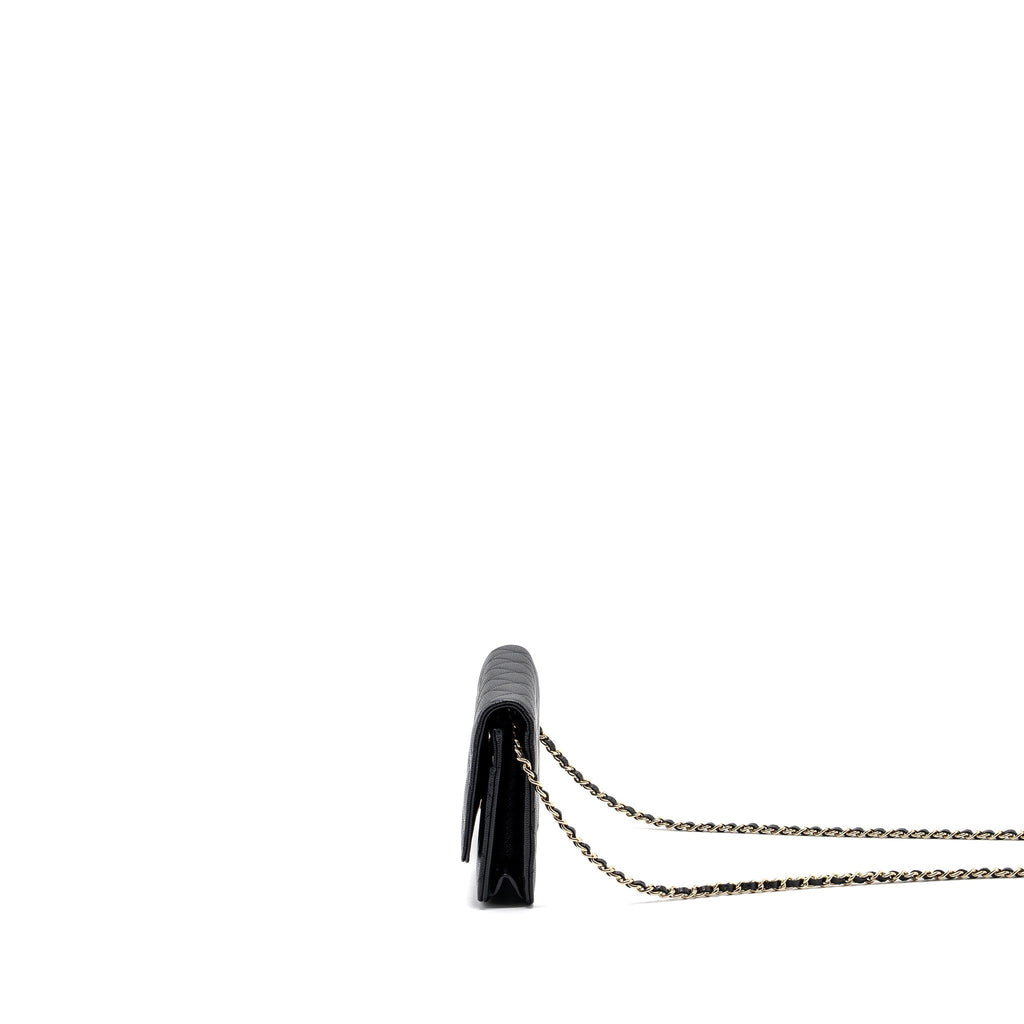 CHANEL DETAILED LOGO WALLET ON CHAIN BLACK CAVIAR LGHW (MICROCHIP)