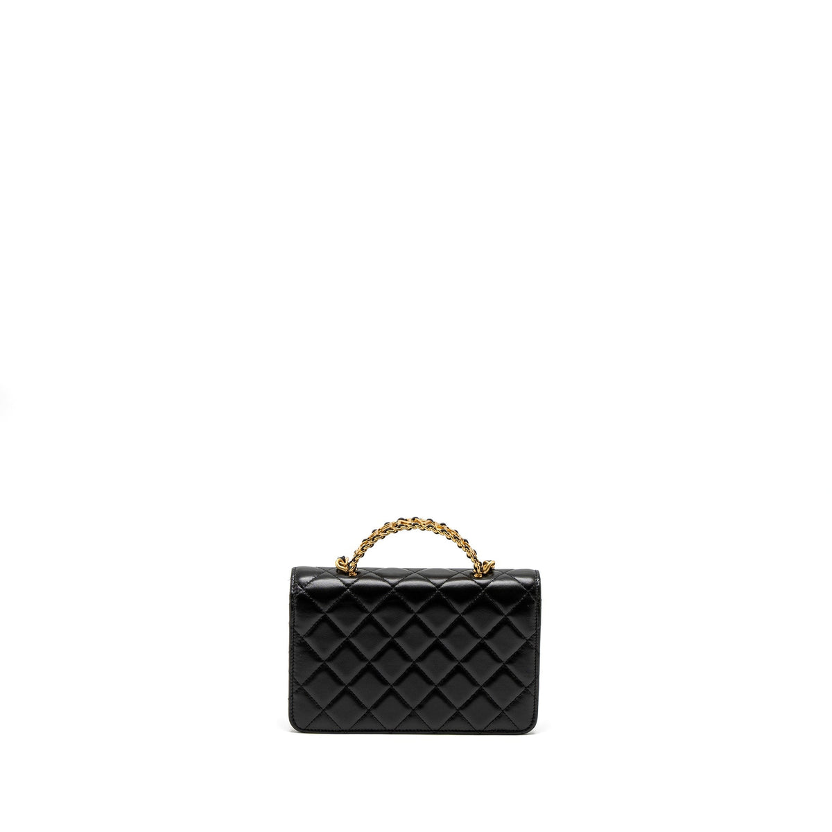 CHANEL DETAIL TOP HANDLE WALLET ON CHAIN LAMBSKIN BLACK BRUSHED GHW (MICROCHIP)