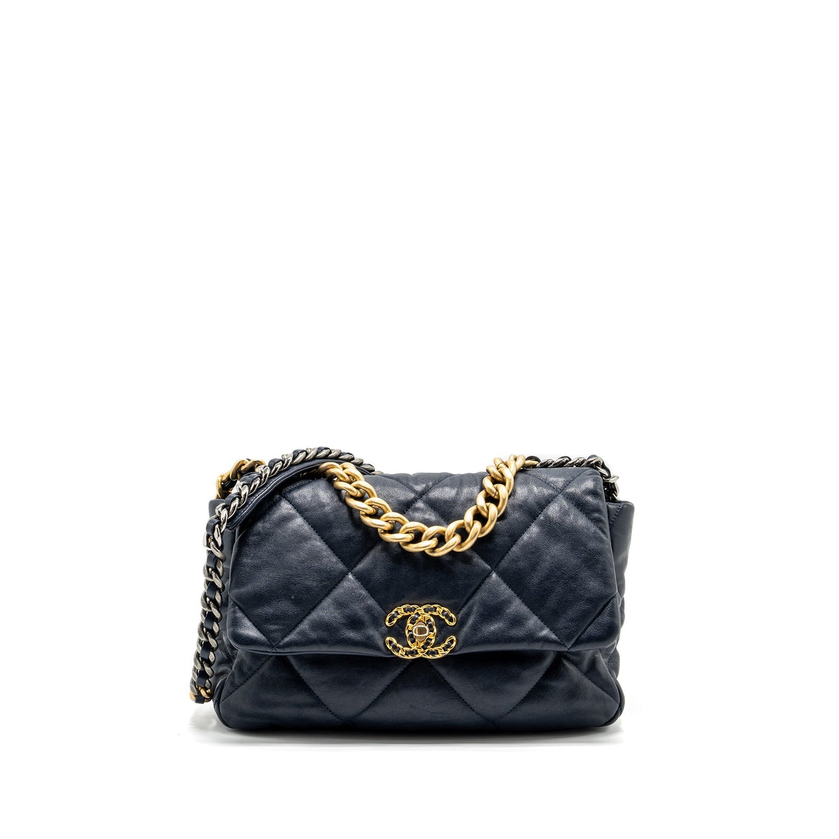 CHANEL LARGE 19 BAG 30CM LAMBSKIN NAVY MULTICOLOUR HARDWARE