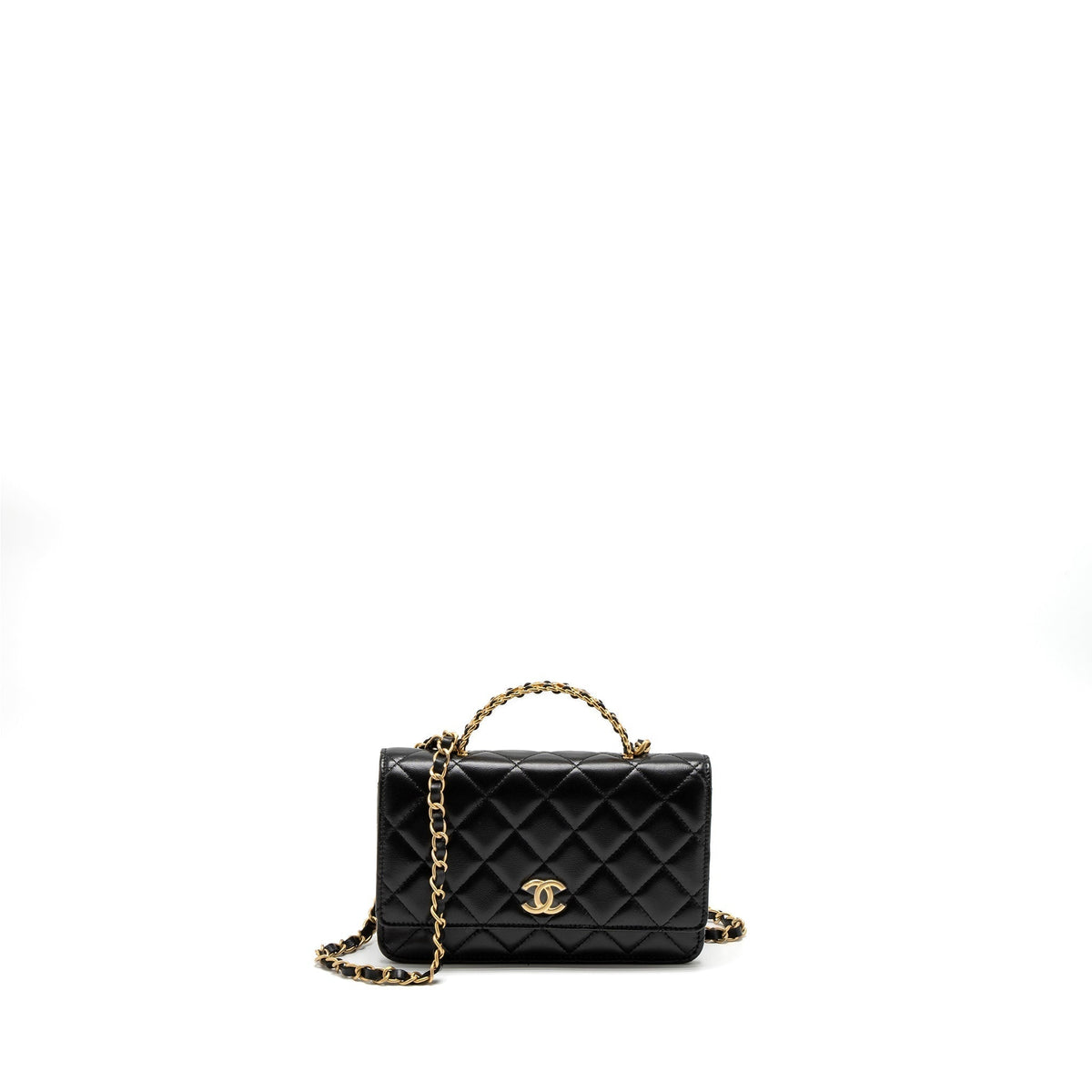 CHANEL DETAIL TOP HANDLE WALLET ON CHAIN LAMBSKIN BLACK BRUSHED GHW (MICROCHIP)