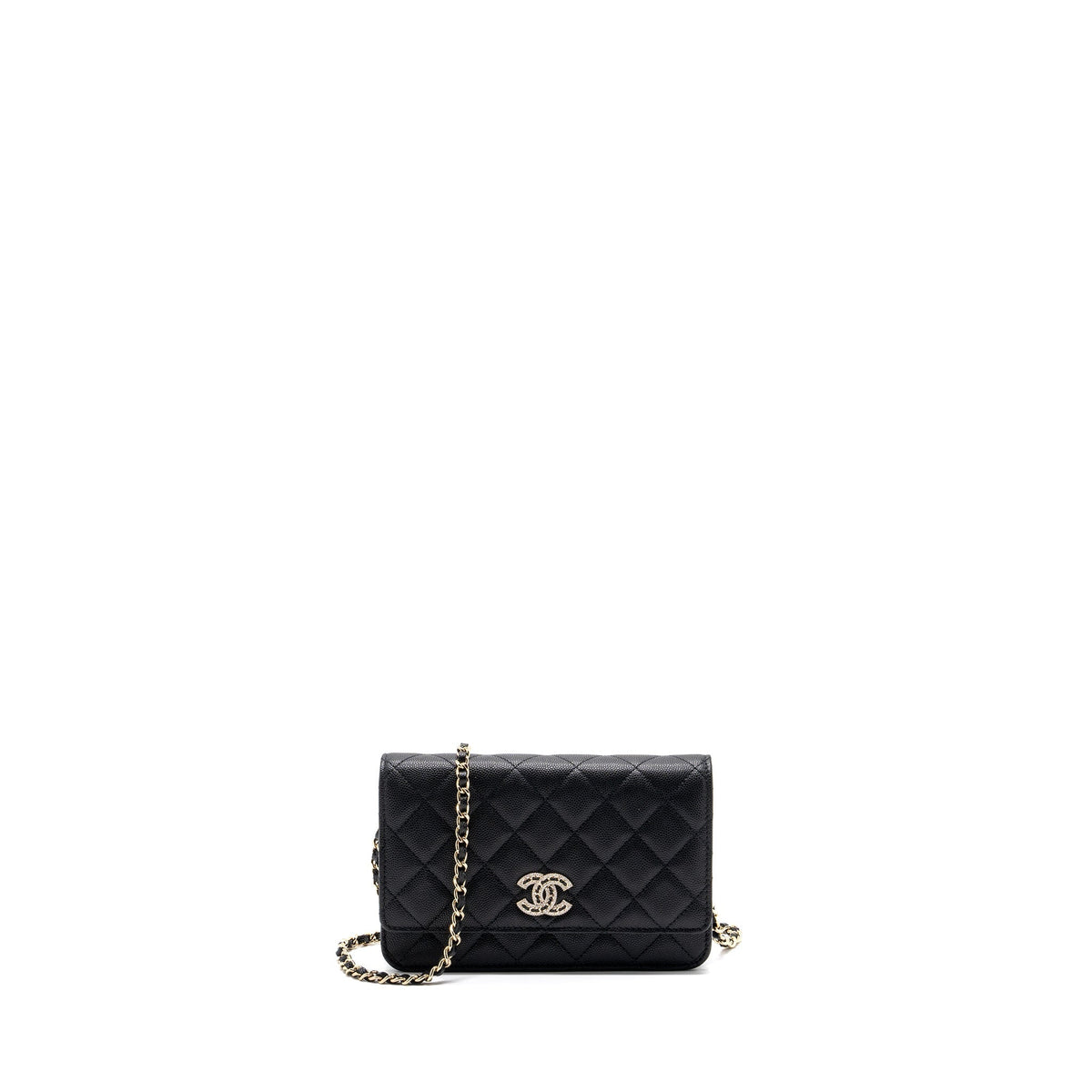 CHANEL DETAILED LOGO WALLET ON CHAIN BLACK CAVIAR LGHW (MICROCHIP)