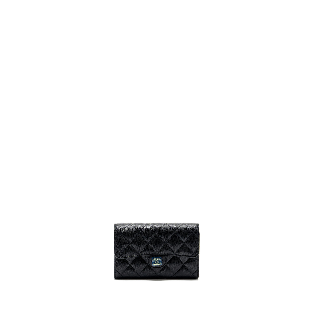 CHANEL QUILTED MEDIUM FLAP COMPACT WALLET CAVIAR BLACK GHW (MICROCHIP)
