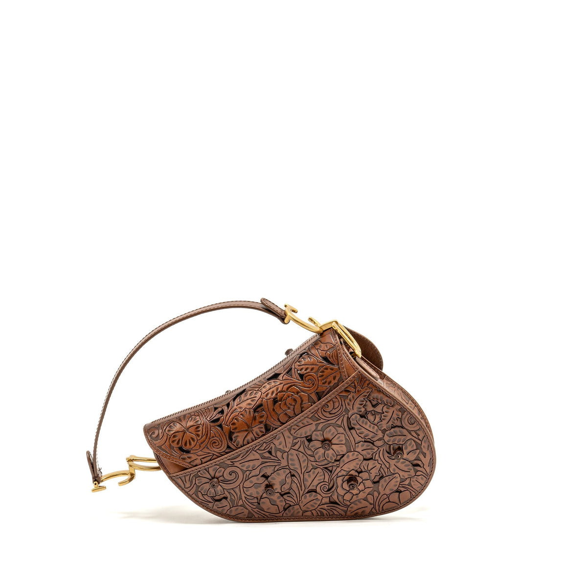 DIOR MEDIUM SADDLE BAG LASER-CUT FLORAL CALFSKIN BROWN GHW