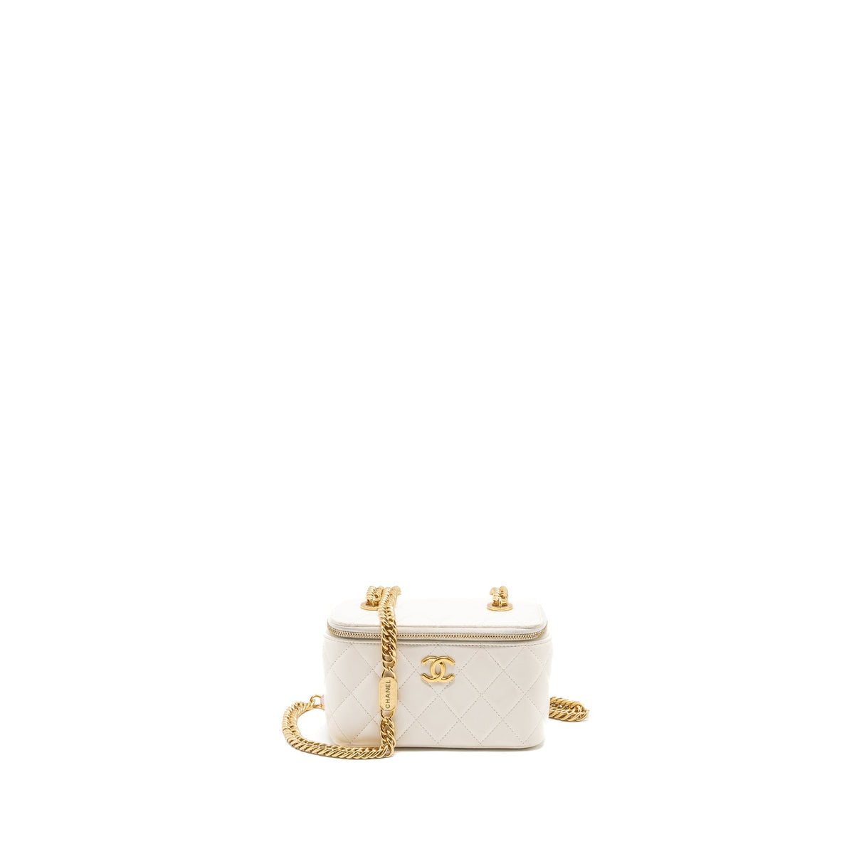 CHANEL LETTER/CC LOGO CHAIN LONG VANITY CASE LAMBSKIN WHITE GHW(MICROCHIP)