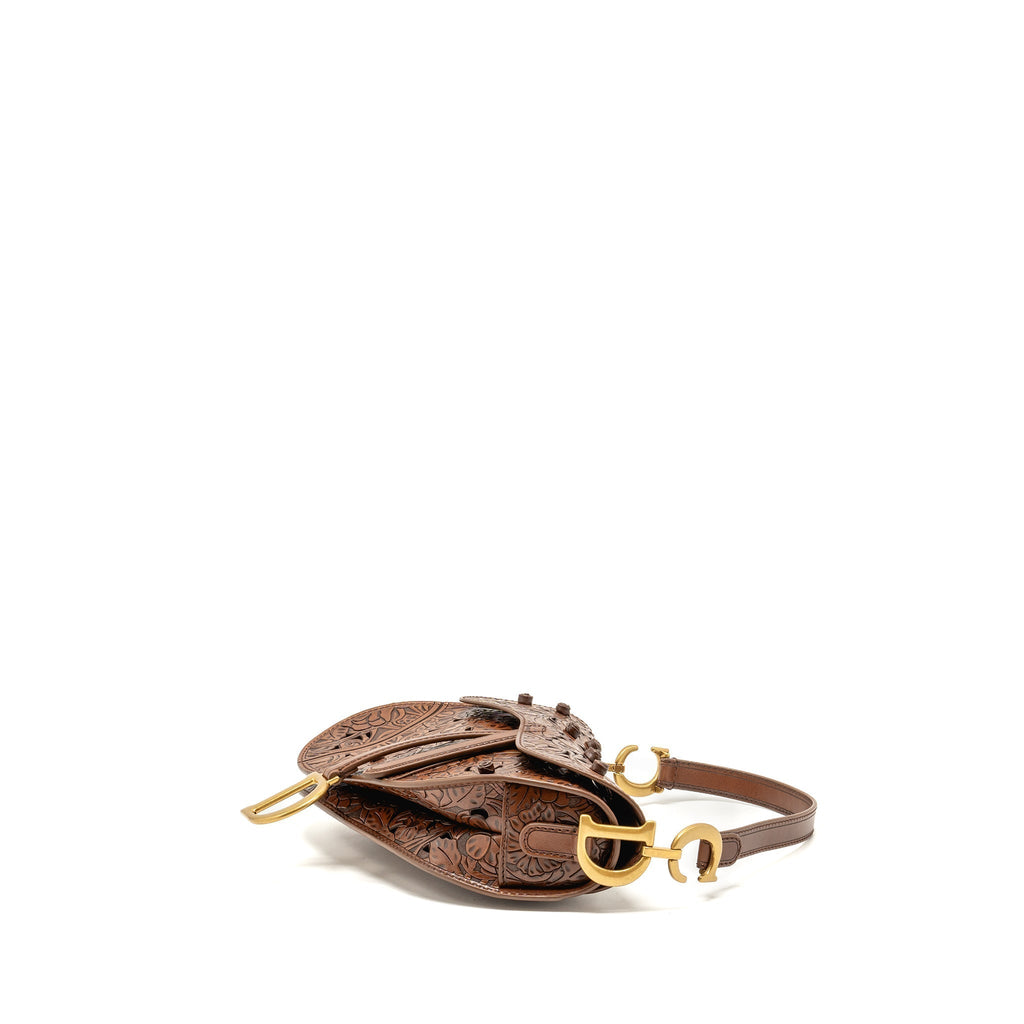 DIOR MEDIUM SADDLE BAG LASER-CUT FLORAL CALFSKIN BROWN GHW