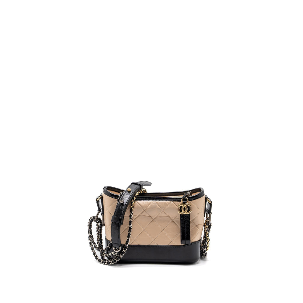 CHANEL SMALL GABRIELLE HOBO BAG CALFSKIN BEIGE / BLACK  MULTICOLOR HARDWARE