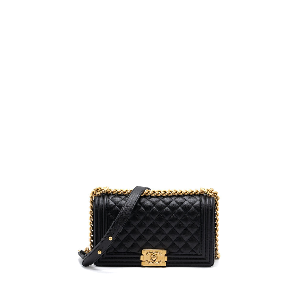 CHANEL MEDIUM CLASSIC BOY BAG CAVIAR BLACK BRUSHED GHW (MICROCHIP)
