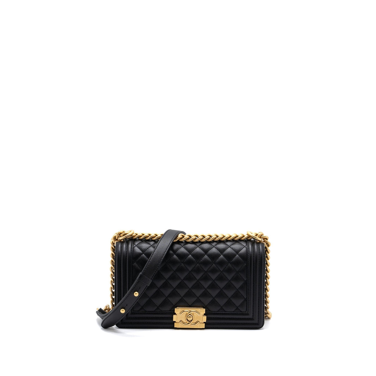 CHANEL MEDIUM CLASSIC BOY BAG CAVIAR BLACK BRUSHED GHW (MICROCHIP)