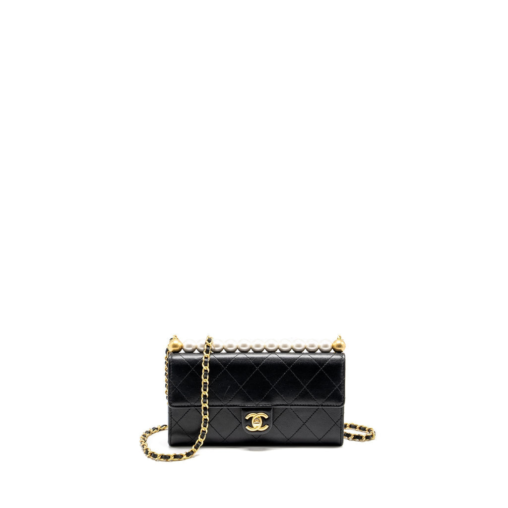CHANEL QUILTED PEARL LONG WALLET ON CHAIN GOATSKIN BLACK GHW