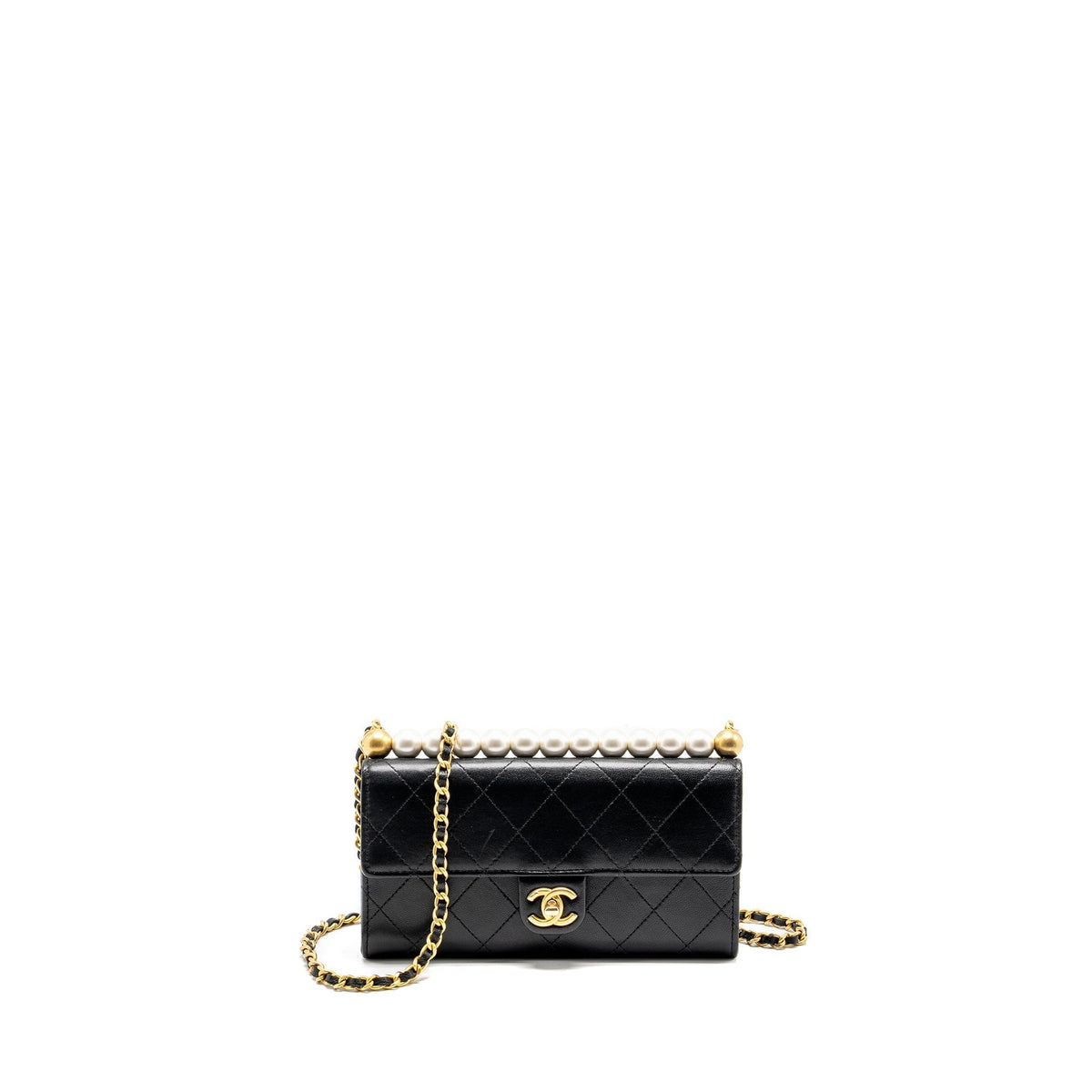 CHANEL QUILTED PEARL LONG WALLET ON CHAIN GOATSKIN BLACK GHW