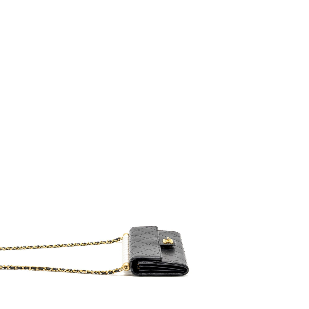 CHANEL QUILTED PEARL LONG WALLET ON CHAIN GOATSKIN BLACK GHW