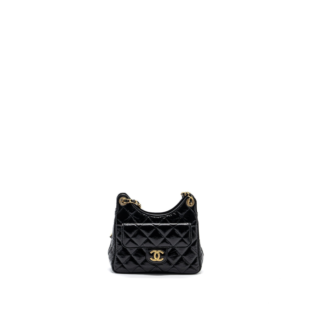 CHANEL 23C SMALL HOBO BAG SHINY CALFSKIN BLACK GHW (MICROCHIP)