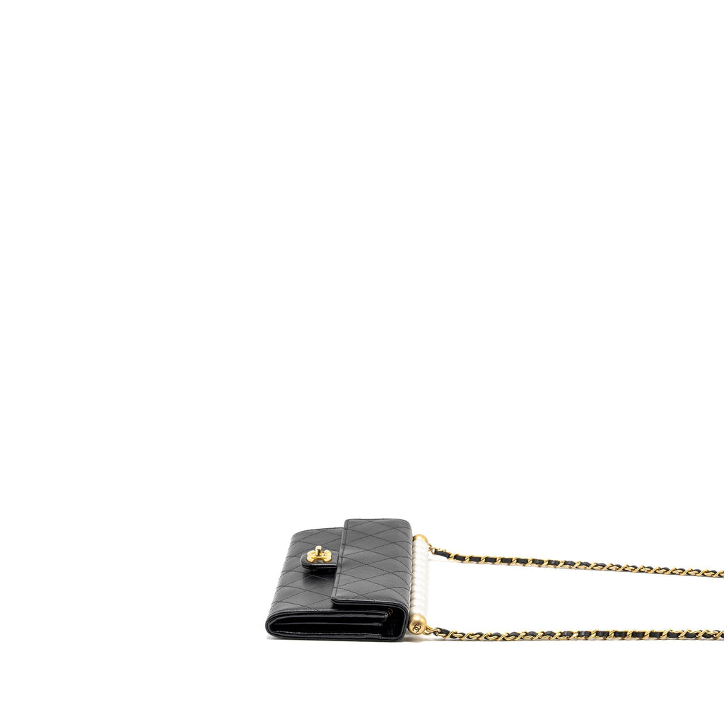 CHANEL QUILTED PEARL LONG WALLET ON CHAIN GOATSKIN BLACK GHW