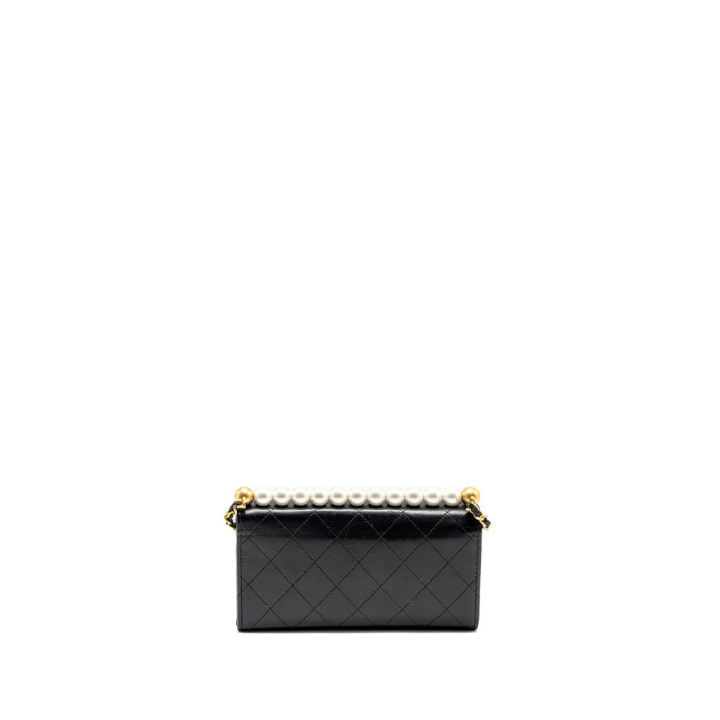 CHANEL QUILTED PEARL LONG WALLET ON CHAIN GOATSKIN BLACK GHW