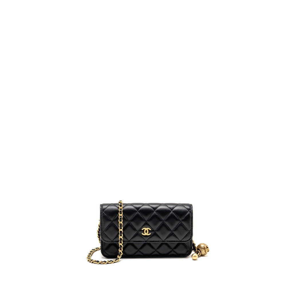 CHANEL PEARL CRUSH MINI WALLET ON CHAIN LAMBSKIN BLACK GHW (MICROCHIP)