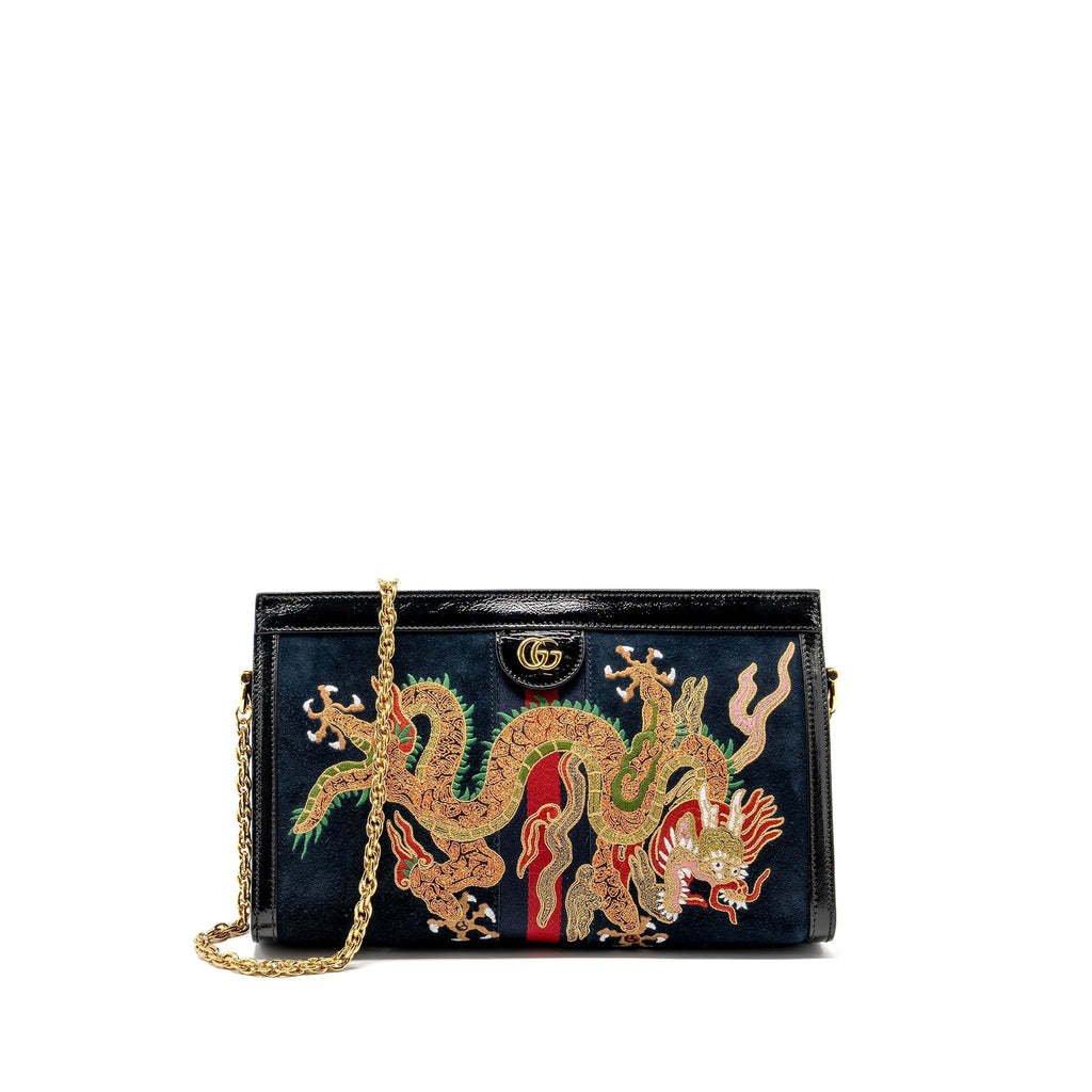 GUCCI OPHIDIA CHAIN BAG DRAGON EMBROIDERED SUEDE BLUE/BLACK/MULTICOLOUR GHW