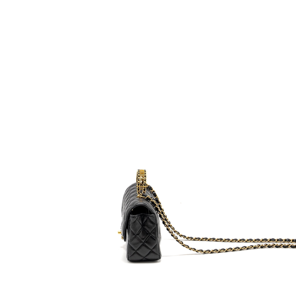CHANEL DETAILED TOP HANDLE FLAP BAG LAMBSKIN BLACK GHW (MICROCHIP)