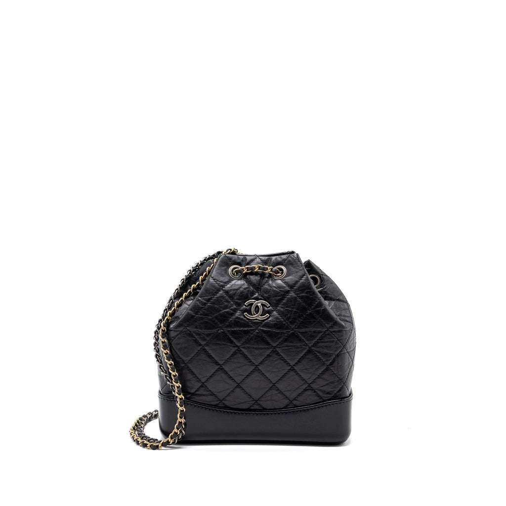 CHANEL SMALL GABRIELLE BACKPACK AGED CALFSKIN BLACK RUTHENIUM HARDWARE (MICROCHIP)