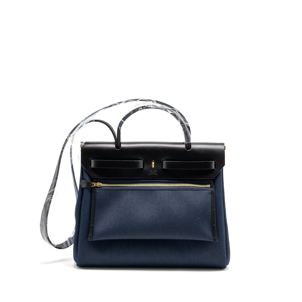 HERMES HERBAG 31 ZIP BAG CANVAS / LEATHER BLUE MARINE / BLACK GHW