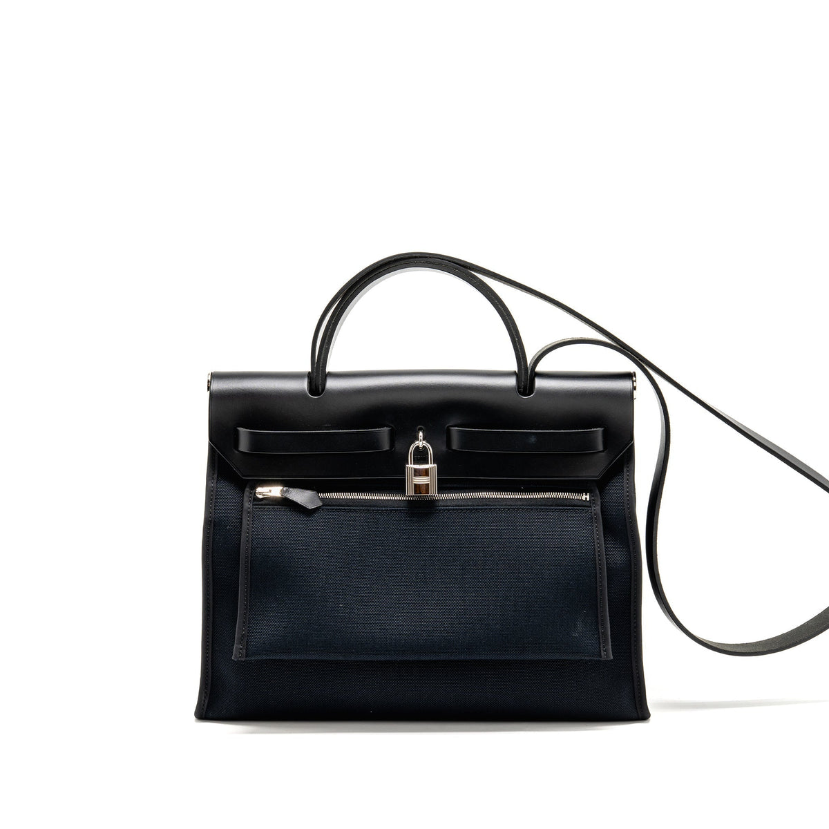 HERMES HERBAG 31 ZIP BAG CANVAS / HUNTER LEATHER BLACK SHW