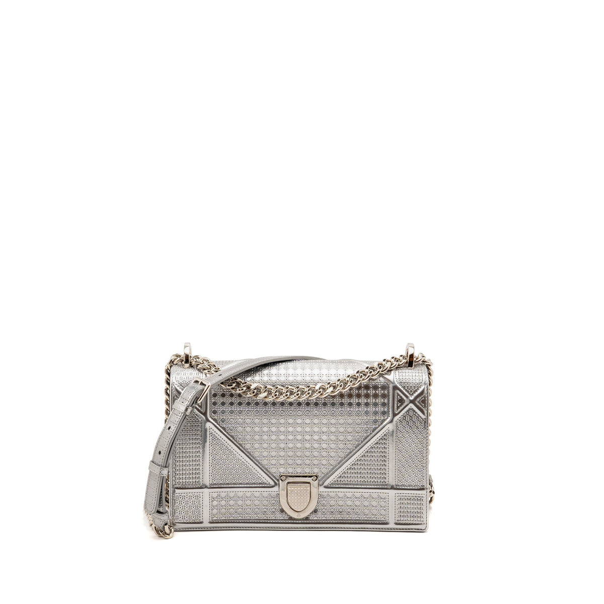 DIOR DIORAMA FLAP BAG PATENT MICRO-CANNAGE LEATHER METALLIC SILVER SHW