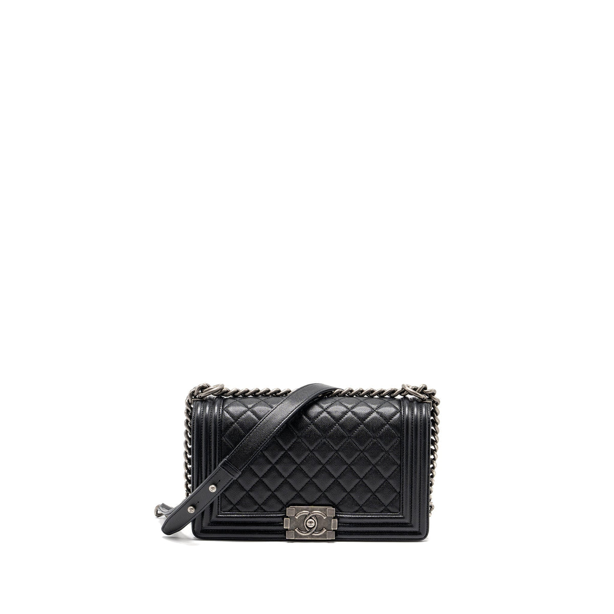 CHANEL MEDIUM BOY BAG CAVIAR BLACK RUTHENIUM HARDWARE