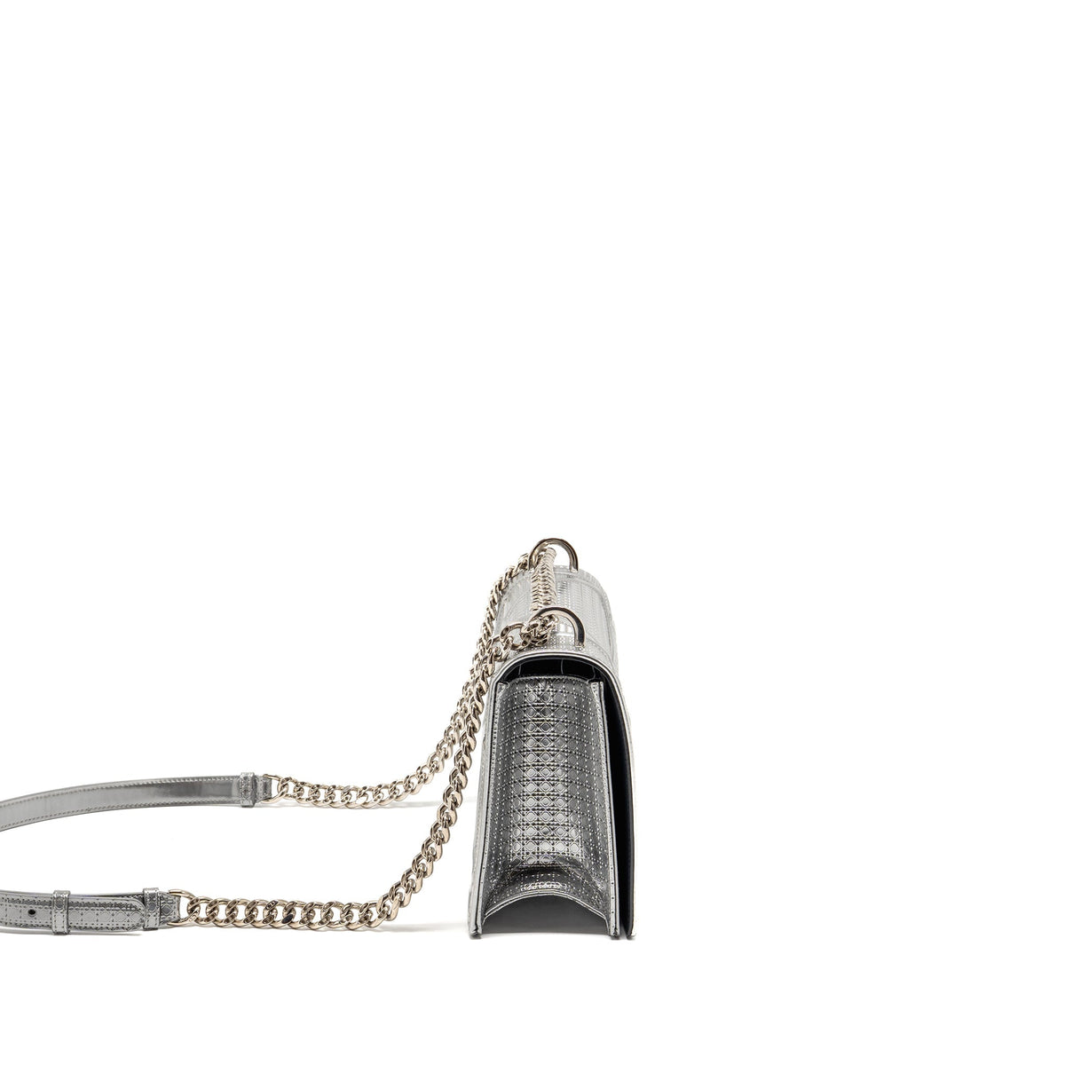 DIOR DIORAMA FLAP BAG PATENT MICRO-CANNAGE LEATHER METALLIC SILVER SHW