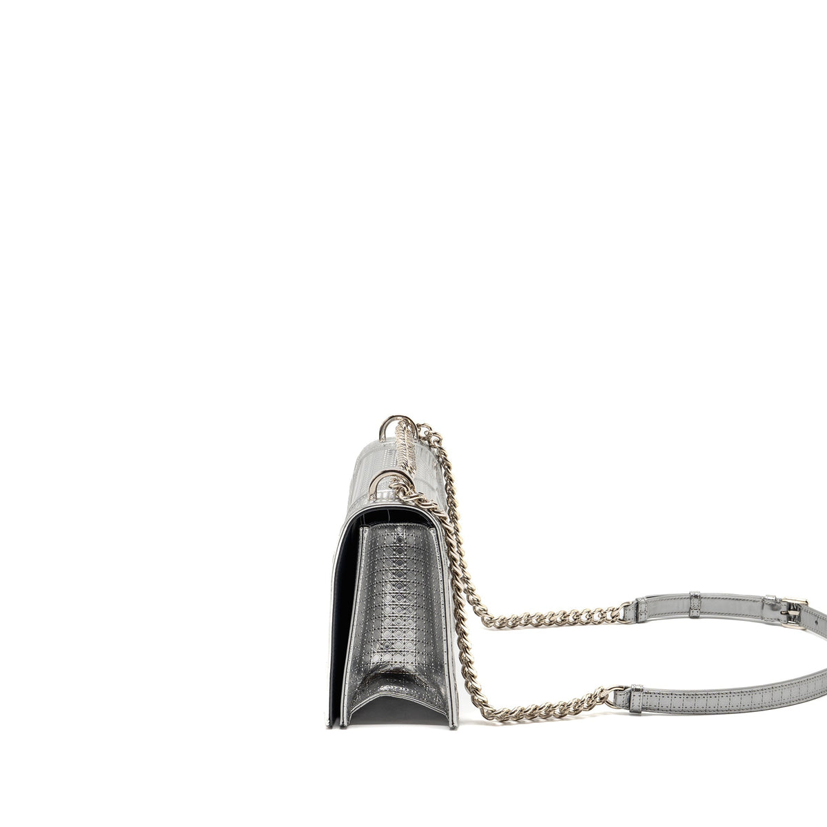 DIOR DIORAMA FLAP BAG PATENT MICRO-CANNAGE LEATHER METALLIC SILVER SHW