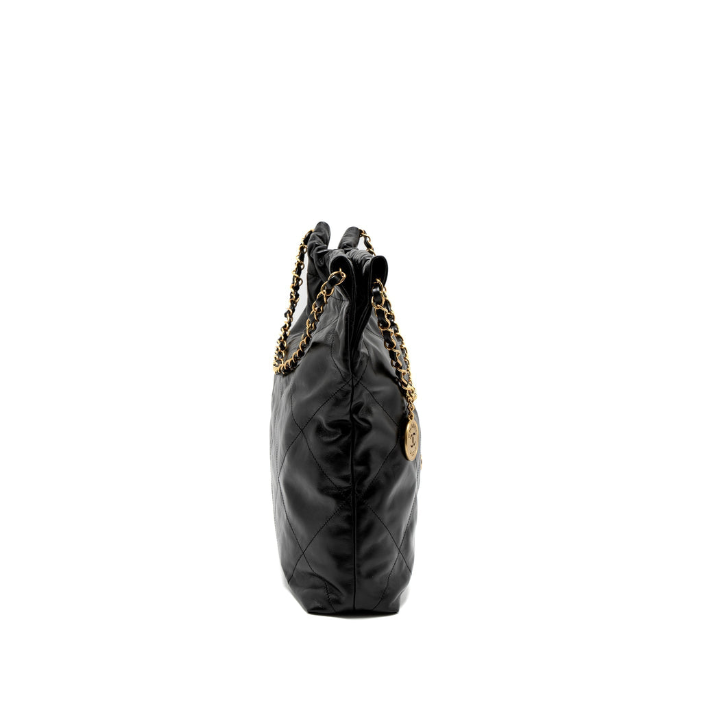 CHANEL MEDIUM 22 BAG GOLD LETTER SHINY CALFSKIN BLACK BRUSHED GHW (MICROCHIP)